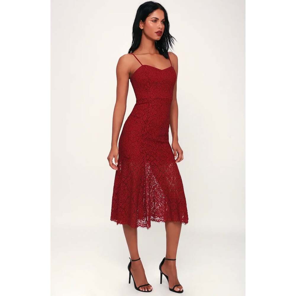 Lulus 4Sienna Gypsy Rose Wine Red Lace Midi Dress Women’s Small Spaghetti Strap